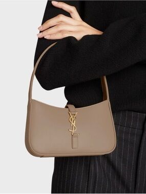 Saint Laurent Taupe Leather Shoulder Bag with Gold YSL Emblem